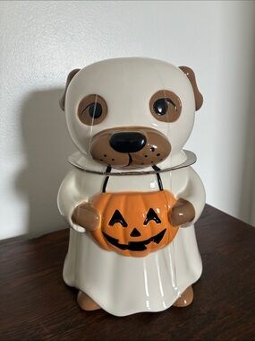 NWT- Ceramic Ghost Dog Halloween Cookie Jar w/ Jack-o-lantern Treat Bag